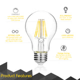 Dimmable A19 LED Filament Light Bulb - 8 Watt, 800 Lumen - 2700K Warm White, E26 Base, 60W Incandescent Bulb Equivalent