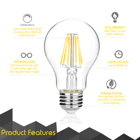 Dimmable A19 LED Filament Light Bulb - 8 Watt, 800 Lumen - 2700K Warm White, E26 Base, 60W Incandescent Bulb Equivalent