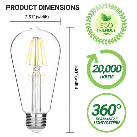 Dimmable ST64 Edison Style Vintage LED Filament Light Bulb - 8 Watt, 800 Lumen - 2700K Warm White, E26 Base, 60W Incandescent Bulb Equivalent