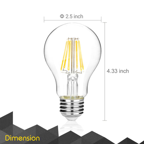 Dimmable A19 LED Filament Light Bulb - 8 Watt, 800 Lumen - 2700K Warm White, E26 Base, 60W Incandescent Bulb Equivalent