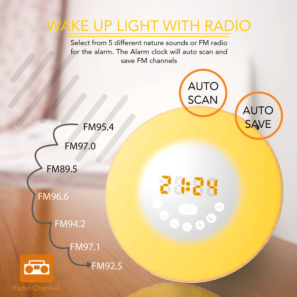 Sunrise Alarm Clock with 8 Natural Sounds and 7 Color Night Light – Flux  Smart Lighting