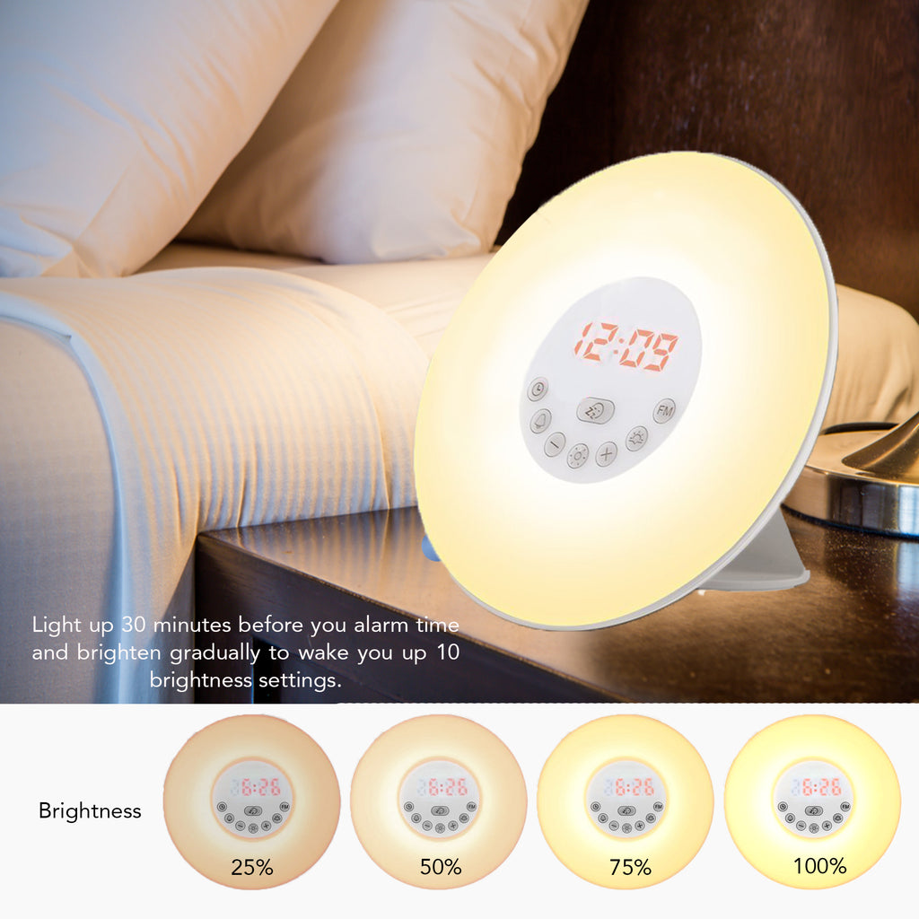Sunrise Alarm Clock with 8 Natural Sounds and 7 Color Night Light – Flux  Smart Lighting
